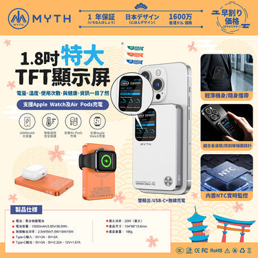 (3C可追溯二維碼)Myth MY25  3合1 PD20W Q12移動電源10000mAh 磁吸15 | 1.8寸特大TFT顯示屏