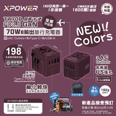 (預售產品)(追加新色)XPower TA70B 8輸出 PD/PPS 70W Gan旅行充電器 (酒紅色)