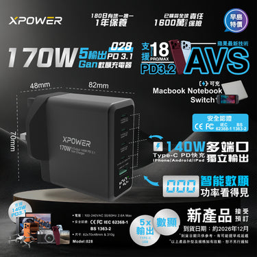 XPower 5-Output PD 3.1 GaN Digital Display Charger 170W 028