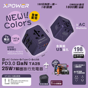 XPower TA25 7輸出 PD/PPS 25W Gan旅行充電器