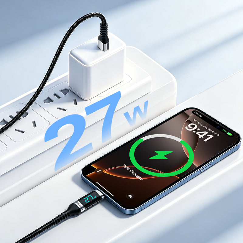 XPower YC028 1.2MLED顯示Type-C To Lightning 27W鋁合金傳輸尼龍充電線