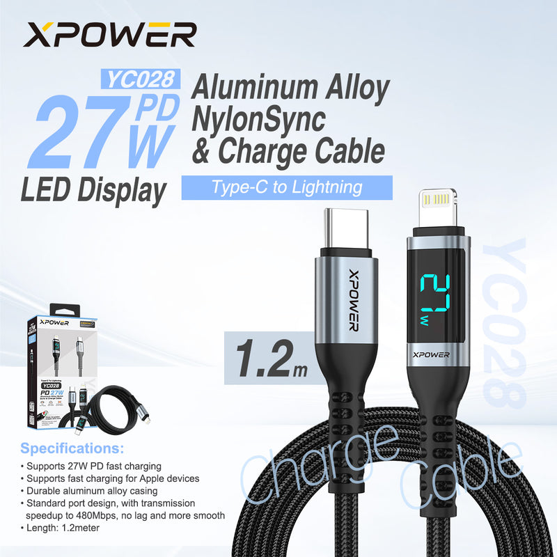 XPower YC028 1.2MLED顯示Type-C To Lightning 27W鋁合金傳輸尼龍充電線