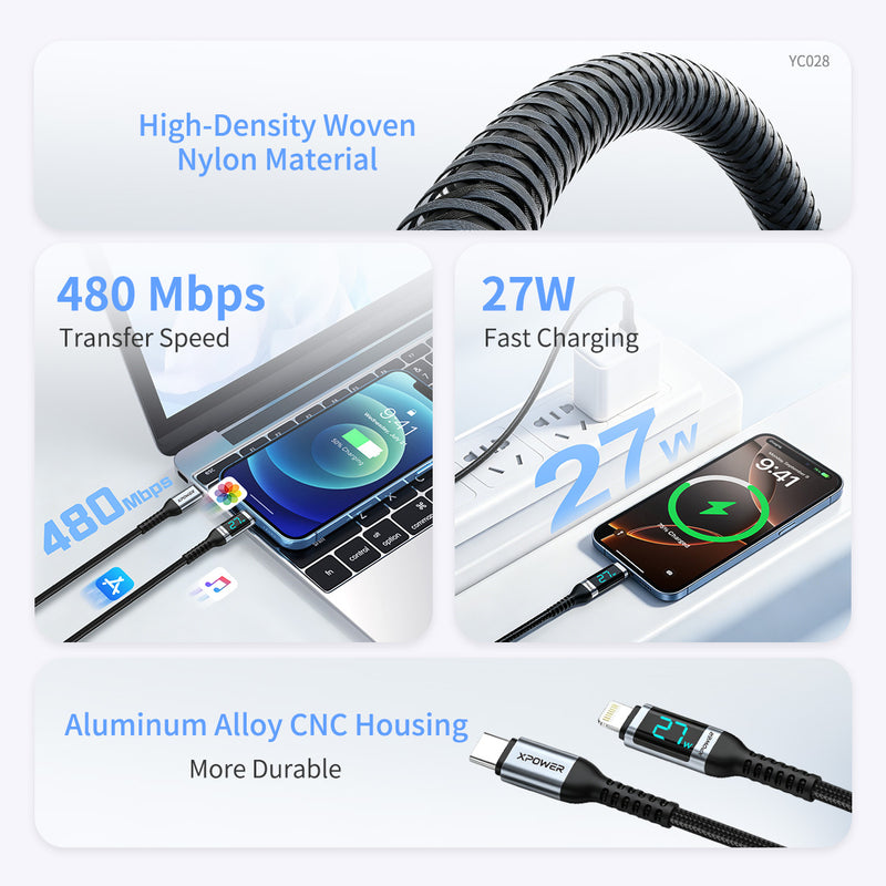 XPower YC028 1.2MLED顯示Type-C To Lightning 27W鋁合金傳輸尼龍充電線
