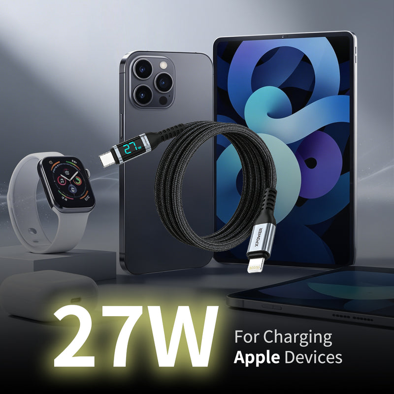XPower YC028 1.2MLED顯示Type-C To Lightning 27W鋁合金傳輸尼龍充電線