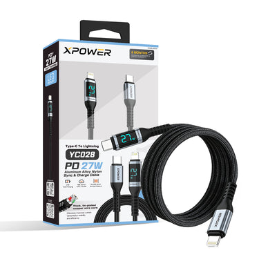 XPower YC028 1.2MLED顯示Type-C To Lightning 27W鋁合金傳輸尼龍充電線
