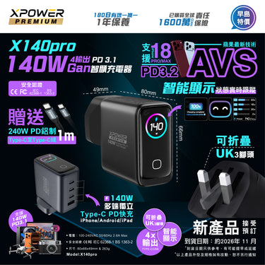 XPower PREMIUM Latest X140Pro 140W GaN Charger X140 (Free 240W PD 1-meter Type-C Fast Charging Cable)