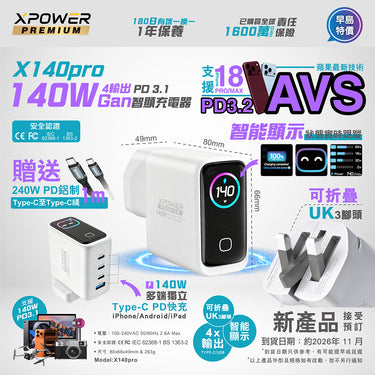 XPower PREMIUM Latest X140Pro 140W GaN Charger X140 (Free 240W PD 1-meter Type-C Fast Charging Cable)