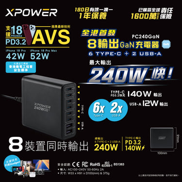 XPower  PC240 GaN   240W 8輸出 PD3.2/PPS 桌上型GaN充電器
