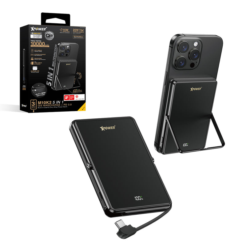 (隨機顏色)(外殼不完美)XPower M10K2 5合1鋅合金支架數顯  10000mAh PD3.0+QI2 磁吸移動電源