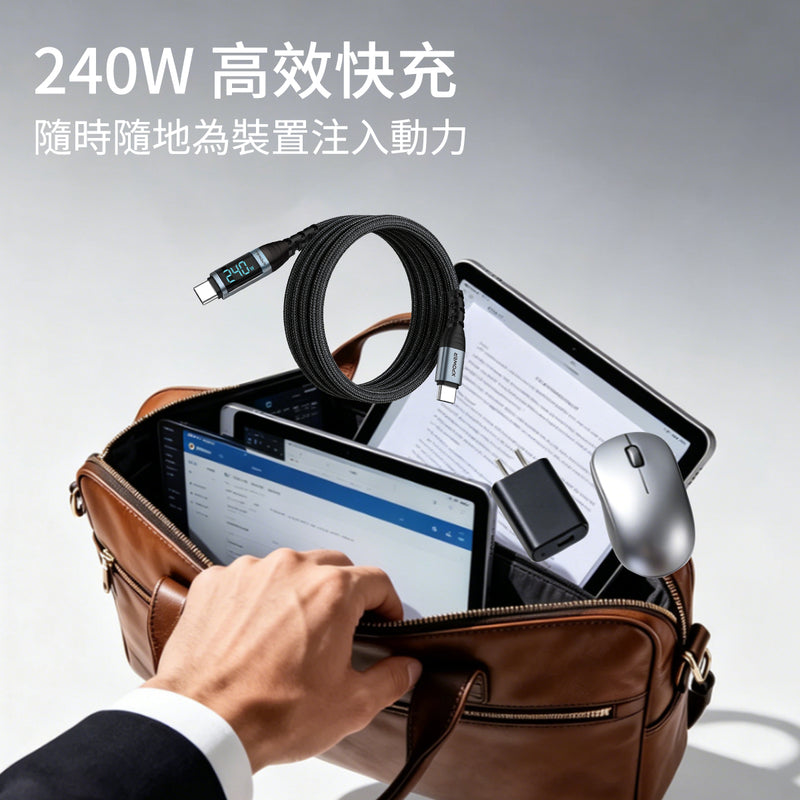 (預售產品)XPower 第二代YC092 1.0/2.0M LED顯示 240W鋁合金高速傳輸尼龍充電線 Type-C>Type-C線