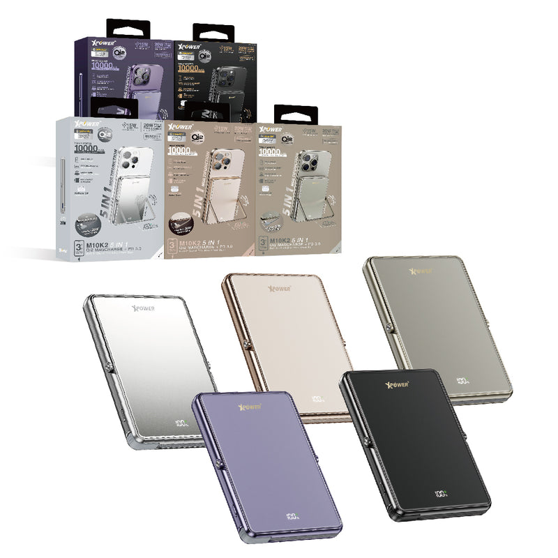 (隨機顏色)(外殼不完美)XPower M10K2 5合1鋅合金支架數顯  10000mAh PD3.0+QI2 磁吸移動電源