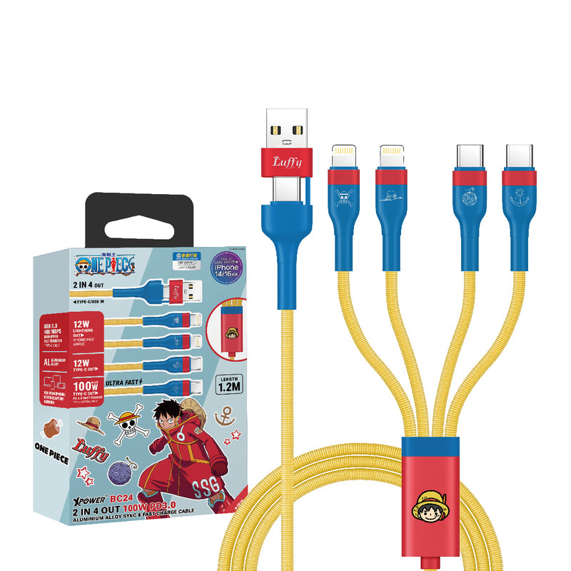 XPower x One Piece BC24 8合1 2出4 100W PD3.0 铝合金传输快速充电线 (路飞)