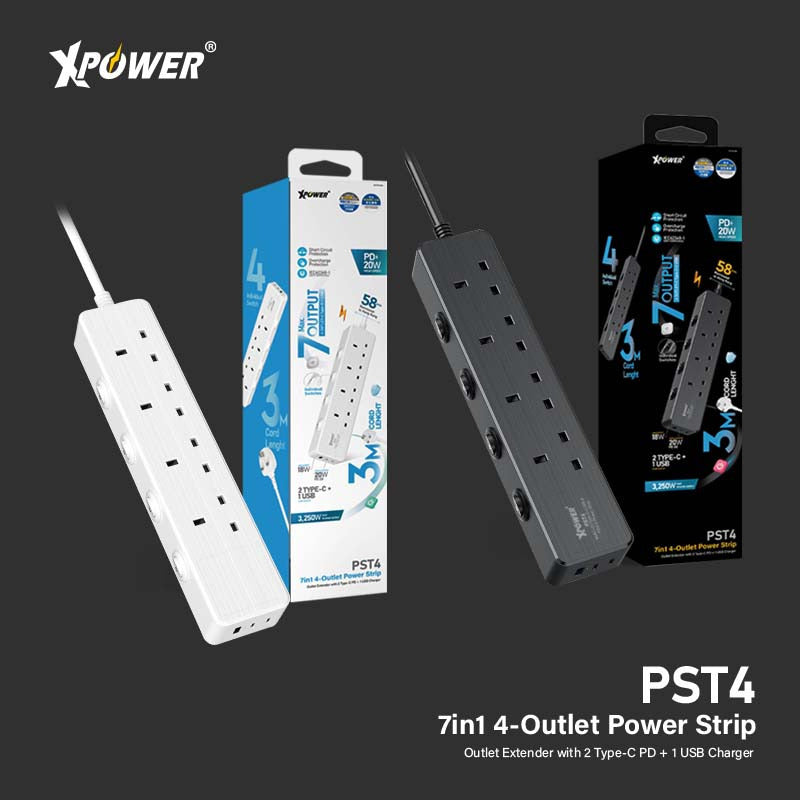 XPower PST4 58mm 3米線長 7輸出PD 3.0獨立開關4頭拖板