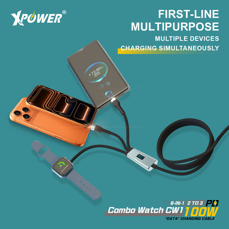 XPower Combo Watch CW1 6合1數顯 2出3 100W 鋁合金傳輸無線充電線 (1.2M)
