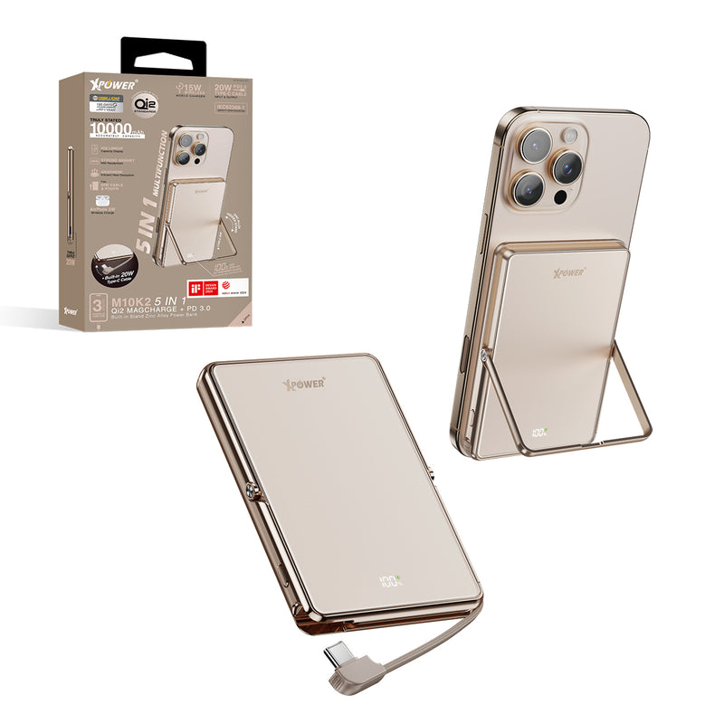 (隨機顏色)(外殼不完美)XPower M10K2 5合1鋅合金支架數顯  10000mAh PD3.0+QI2 磁吸移動電源