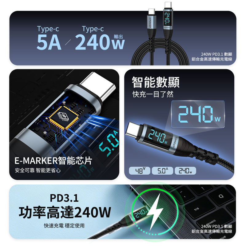 (預售產品)XPower 第二代YC092 1.0/2.0M LED顯示 240W鋁合金高速傳輸尼龍充電線 Type-C>Type-C線