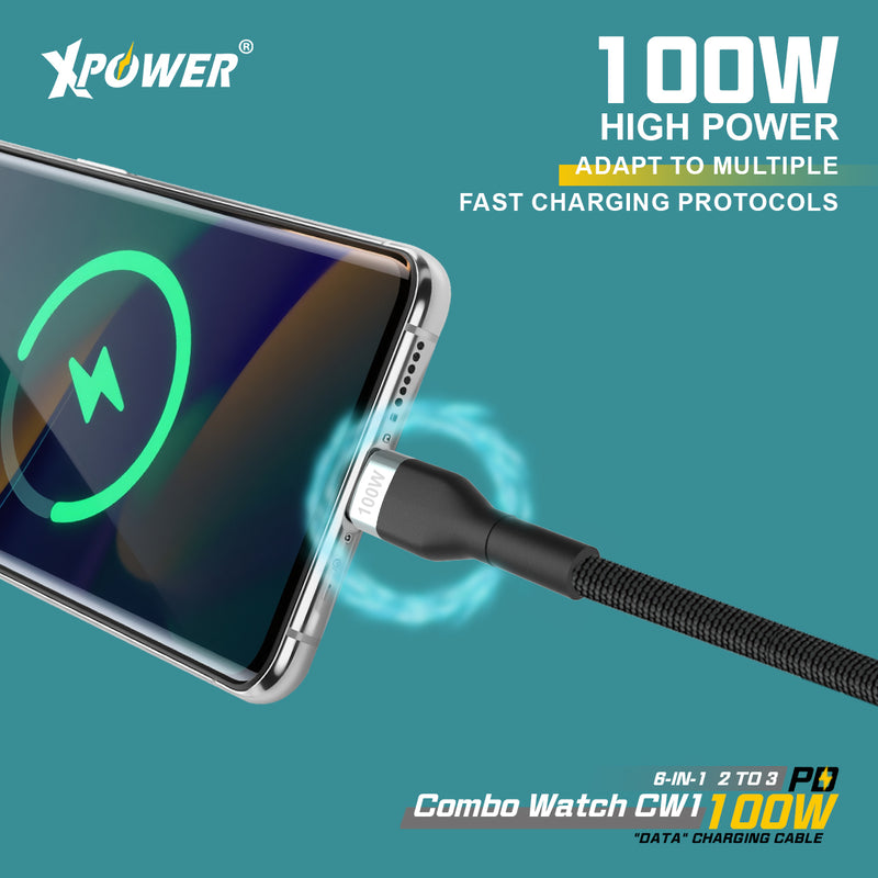 XPower Combo Watch CW1 6合1數顯 2出3 100W 鋁合金傳輸無線充電線 (1.2M)