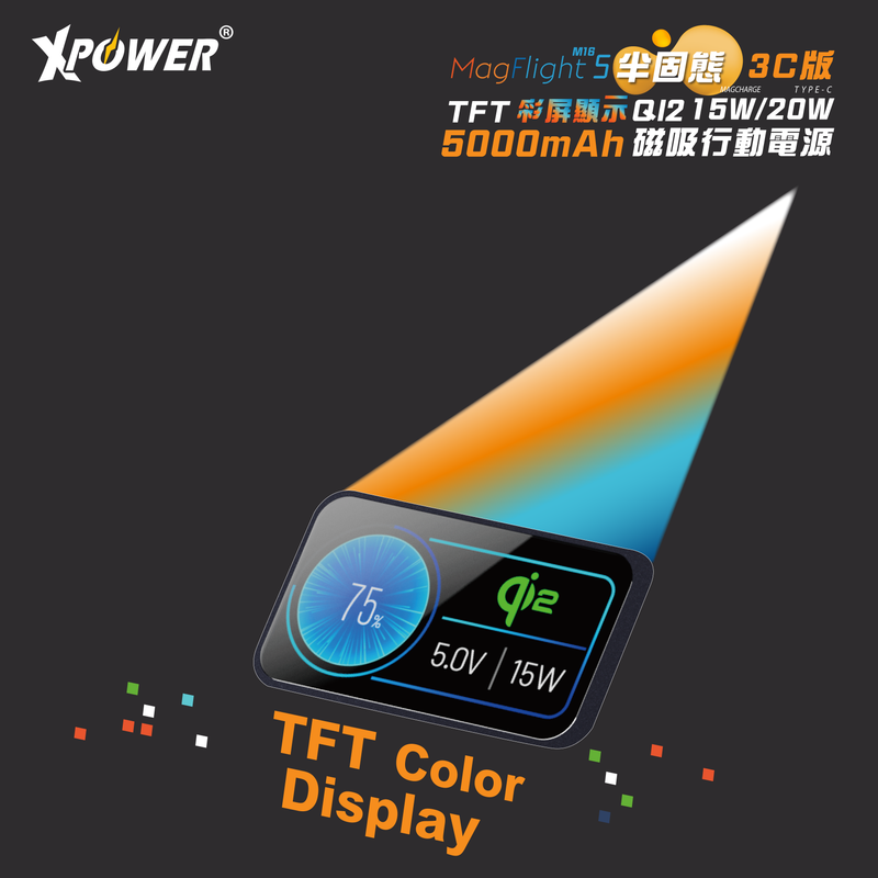 (3C可追溯二維碼)XPower MagFlight5 M16 鋁合金半固態TFT彩屏顯示 QI2 15W/20W 5000mAh 磁吸行動電源