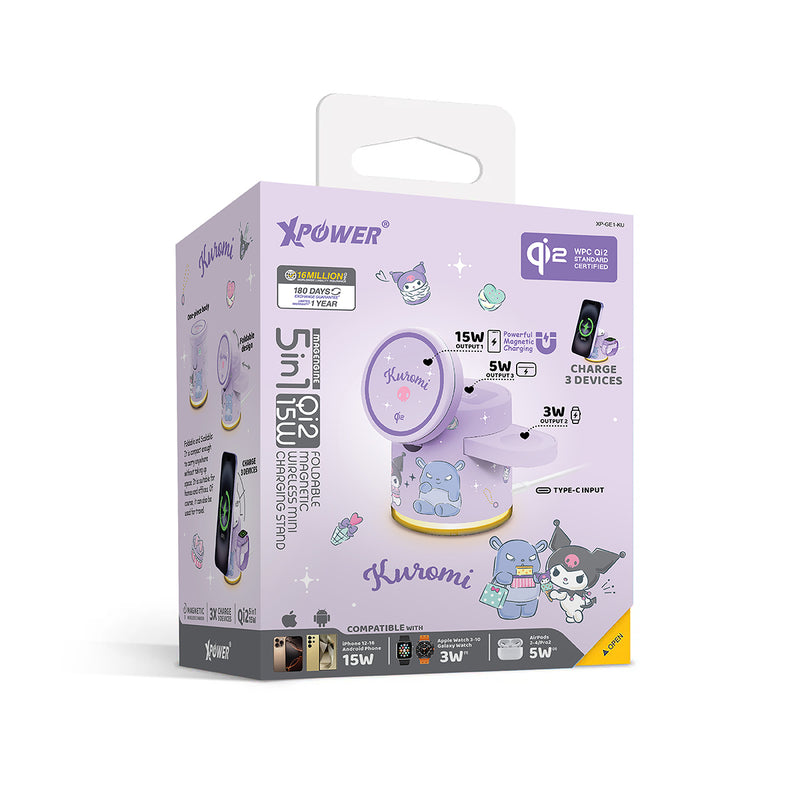 XPower x Sanrio Kuromi GE1 Qi2迷你掌心5合1 MagCharge 15W磁吸無線充電座