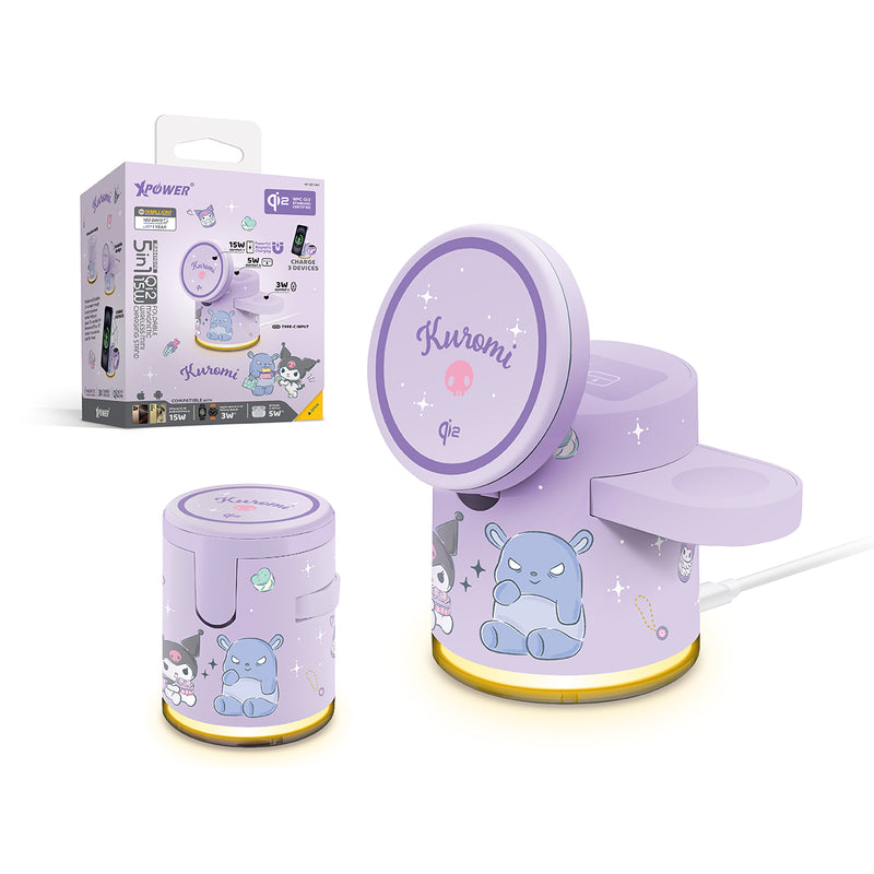XPower x Sanrio Kuromi GE1 Qi2迷你掌心5合1 MagCharge 15W磁吸無線充電座