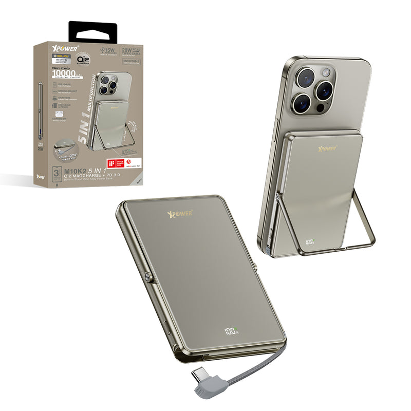 (隨機顏色)(外殼不完美)XPower M10K2 5合1鋅合金支架數顯  10000mAh PD3.0+QI2 磁吸移動電源