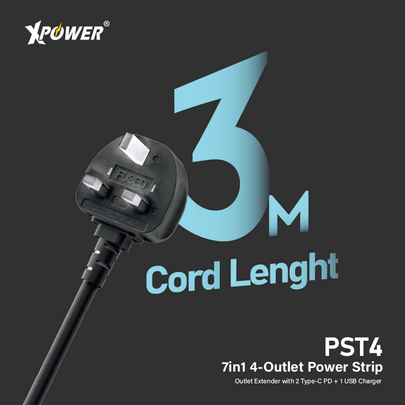 XPower PST4 58mm 3米線長 7輸出PD 3.0獨立開關4頭拖板