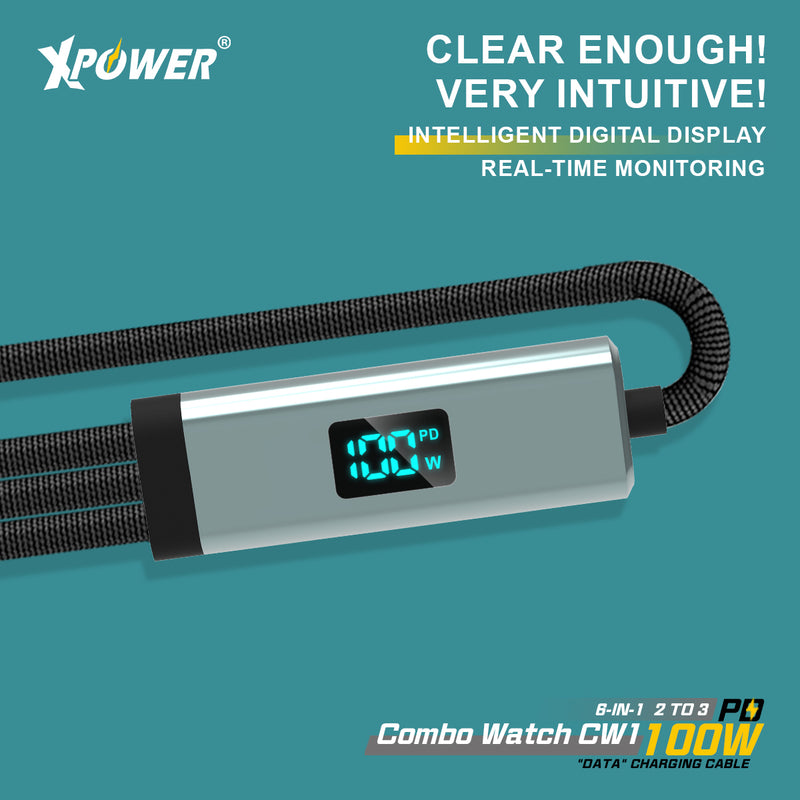 XPower Combo Watch CW1 6合1數顯 2出3 100W 鋁合金傳輸無線充電線 (1.2M)