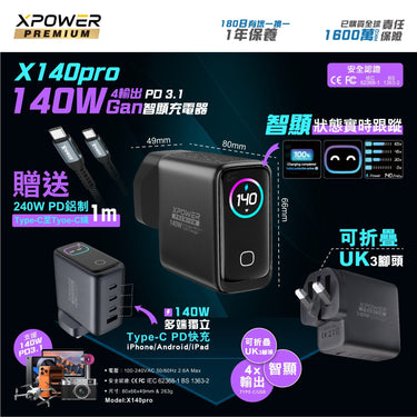 XPower PREMIUM 最新 X140Pro 140W GaN充電器 X140 (送 240W PD 1米 Type-C 快充線)