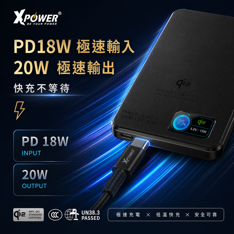 (3C可追溯二維碼)XPower MagFlight5 M16 鋁合金半固態TFT彩屏顯示 QI2 15W/20W 5000mAh 磁吸行動電源
