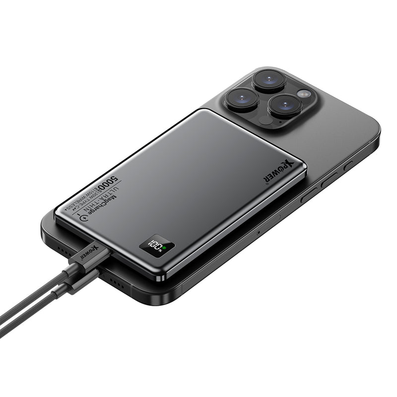 (隨機顏色)XPower M5K 3合1鋁合金數顯 5000mAh PD3.0+磁吸無線外置充電器(隨機顏色)