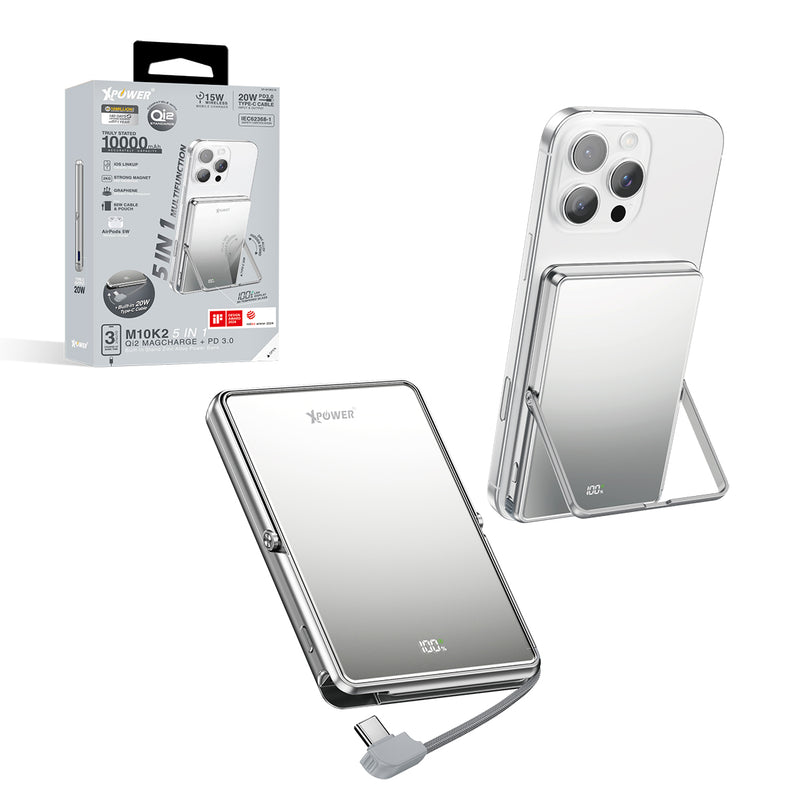 (隨機顏色)(外殼不完美)XPower M10K2 5合1鋅合金支架數顯  10000mAh PD3.0+QI2 磁吸移動電源