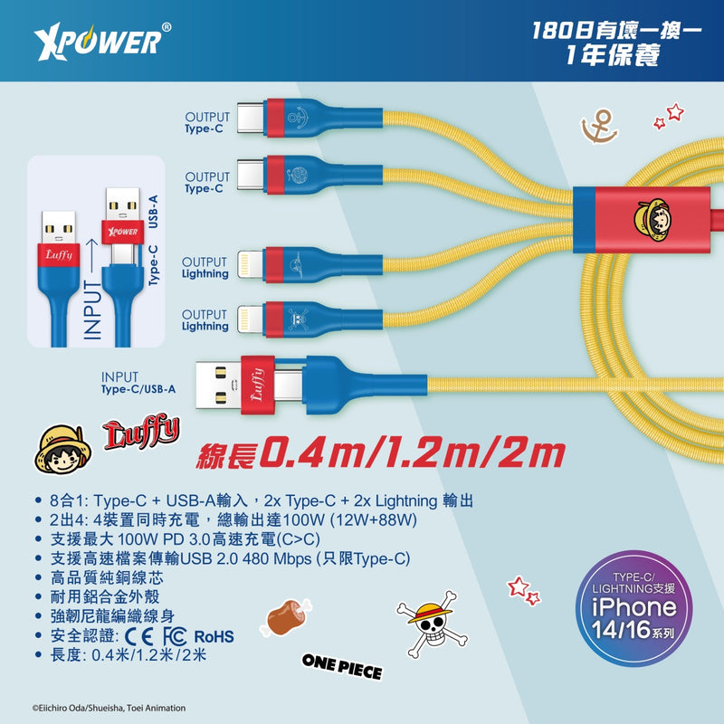XPower x One Piece BC24 8合1 2出4 100W PD3.0 铝合金传输快速充电线 (路飞)