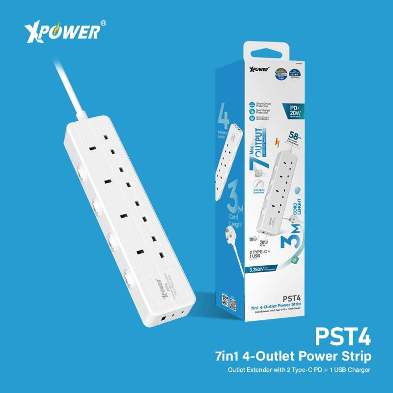 XPower PST4 58mm 3米線長 7輸出PD 3.0獨立開關4頭拖板