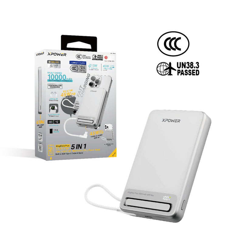(3C可追溯二維碼)XPower MagNetoPlus Q10 Pro鋁合金10000mAh 45W PD3.0支架內置線及數顯QI2磁吸移動電源