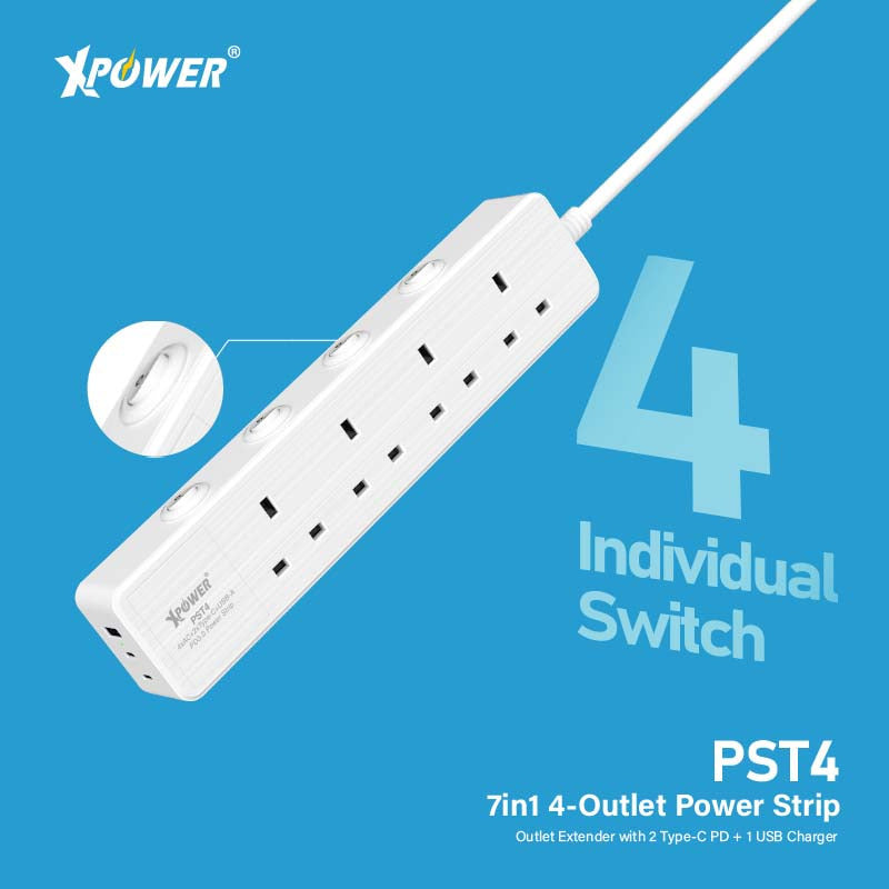 XPower PST4 58mm 3米線長 7輸出PD 3.0獨立開關4頭拖板