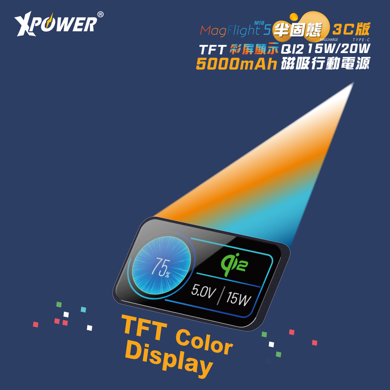 (3C可追溯二維碼)XPower MagFlight5 M16 鋁合金半固態TFT彩屏顯示 QI2 15W/20W 5000mAh 磁吸行動電源