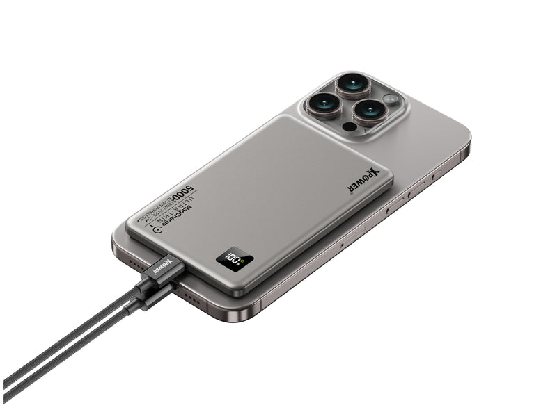 (隨機顏色)XPower M5K 3合1鋁合金數顯 5000mAh PD3.0+磁吸無線外置充電器(隨機顏色)