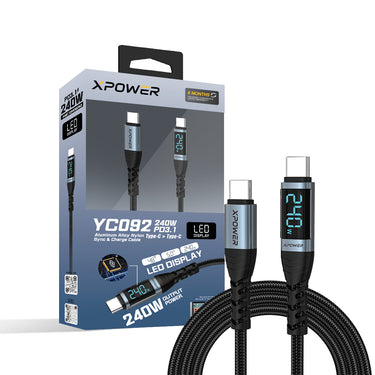 (預售產品)XPower 第二代YC092 1.0/2.0M LED顯示 240W鋁合金高速傳輸尼龍充電線 Type-C>Type-C線