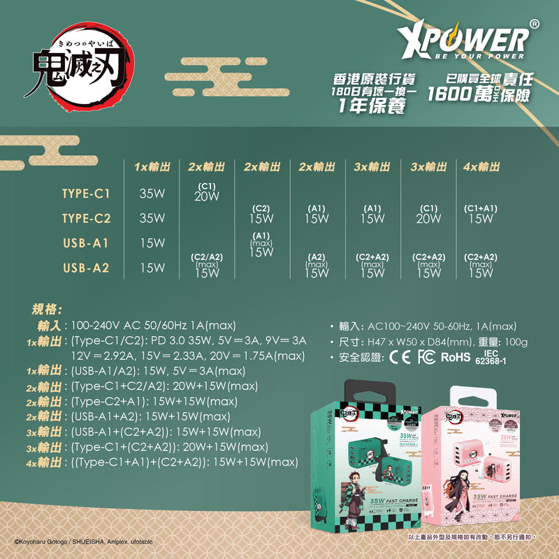 XPower x 鬼灭之刃 WC35 35W 4输出 PD3.0 迷你快充充电器