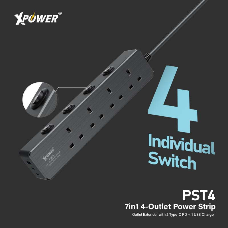 XPower PST4 58mm 3米線長 7輸出PD 3.0獨立開關4頭拖板