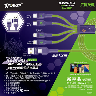 (預售產品)XPower x EVA BC24 8合1 2出4 100W PD3.0鋁合金傳輸高速充電線 (初號機)