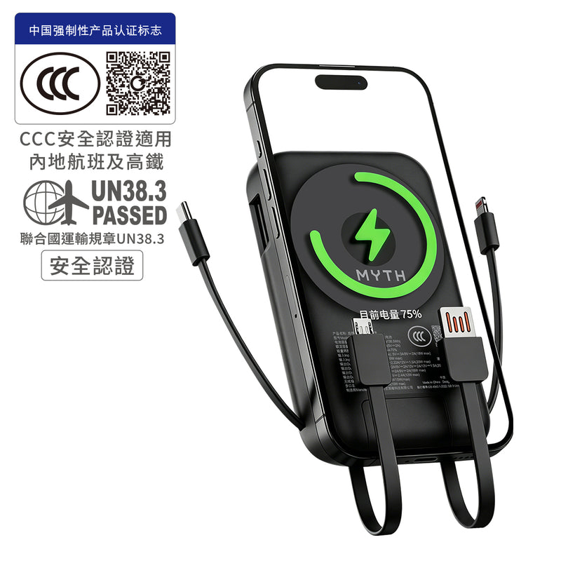(3C可追溯二維碼)Myth K1 8合1移動電源10000mAh PD3.0 | 磁吸15W  | 自帶4線支援多設備