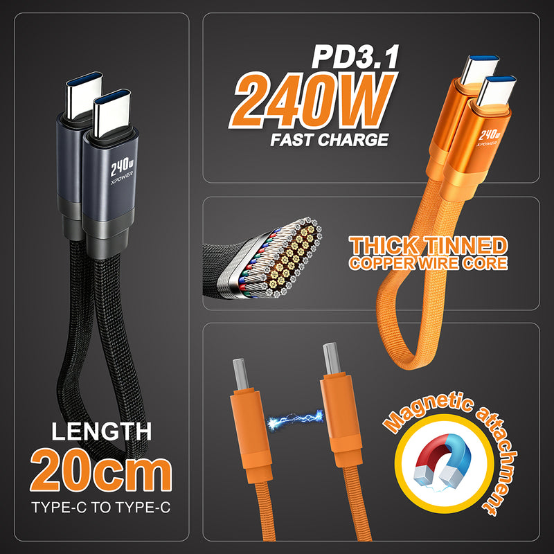 XPower 迷你鋅合金磁吸 CC240C 240W  PD3.1編織高速傳輸充電線