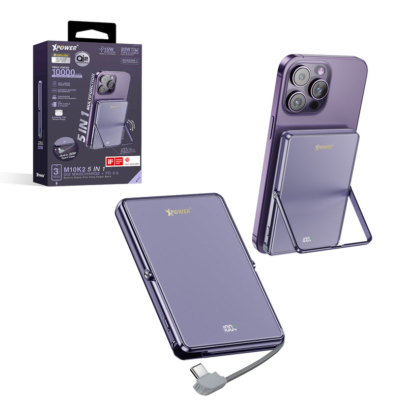 (隨機顏色)(外殼不完美)XPower M10K2 5合1鋅合金支架數顯  10000mAh PD3.0+QI2 磁吸移動電源