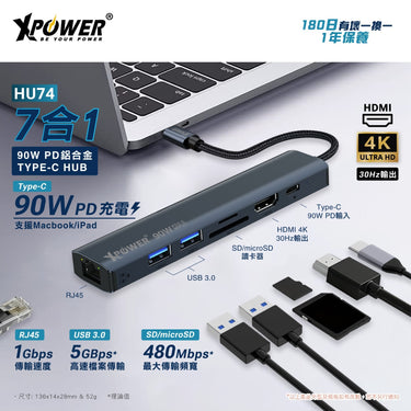 XPower HU74 7-in-1 90W PD Aluminum Alloy Type-C Hub