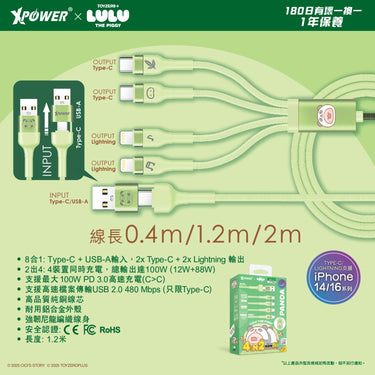XPower x 罐頭豬LuLu🐷BC24 罐頭豬LuLu 8合1 2出4 100W PD3.0鋁合金傳輸快速充電線