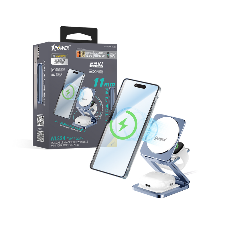 XPower WLS24 全球最薄鋁合金 3合1 Qi2 折疊式磁吸無線充電座