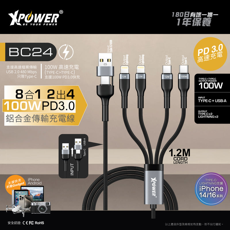 XPower BC24  8合1 2出4 100W PD3.0  鋁合金傳輸快速充電線 (1.2M)