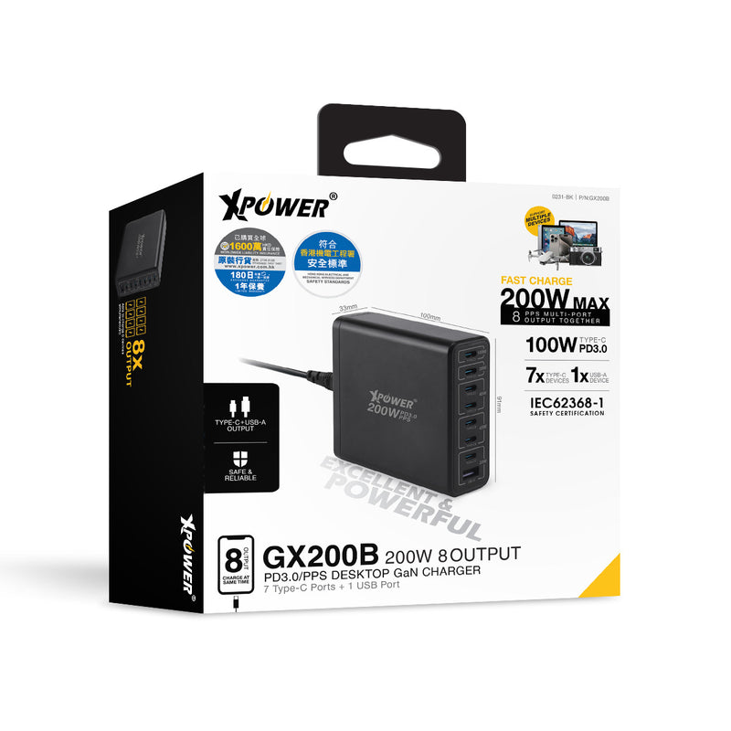 XPower GX200B 200W 8輸出 PD3.0/PPS 桌上型GaN充電器